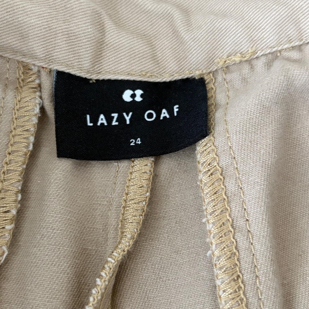 Lazy Oaf Checkered Stripe Wide Leg Khaki Track Pants Trousers size 24 - Picture 8 of 13